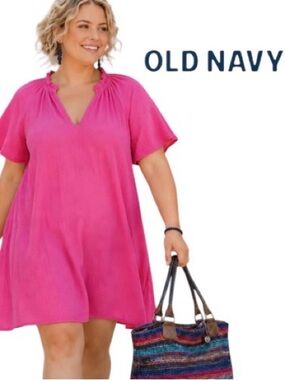 3X Old Navy Crinkle Cotton Gauze Short Sleeve Mini Swing Dress in Polarized Pink